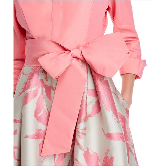 Teri Jon by Rickie Freeman Floral Taffeta Shirt Dress Gown Salmon Pink 4 - Picture 6 of 14
